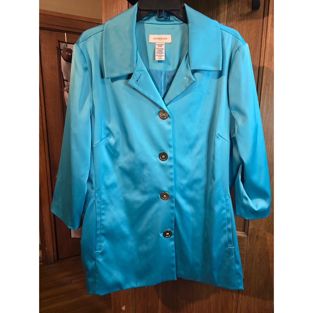 Covington Womens Teal Silky 3/4 Sleeve Button Up Blazer Jacket XL NWOT